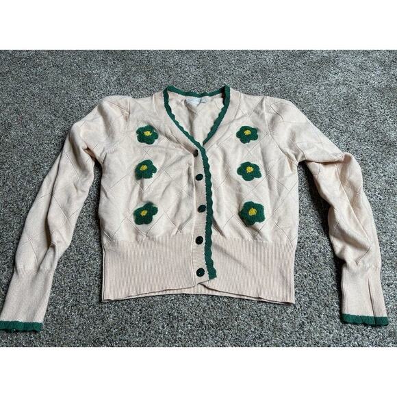 Belle Poque Retro Cream Green Floral Crop Cardigan Sweater Size Medium - Picture 2 of 7